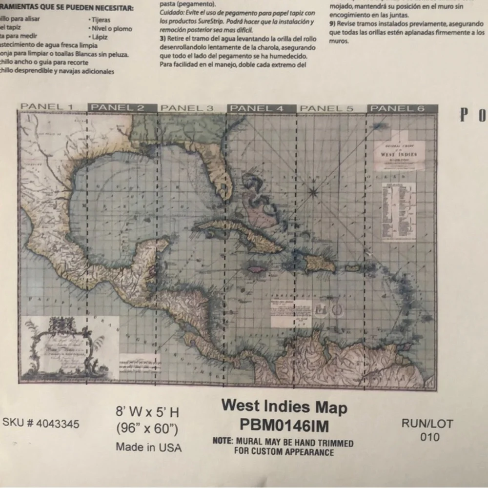Pottery Barn Sure Strip West Indies vintage map 8’ x 5’ mural hanging wallpaper
